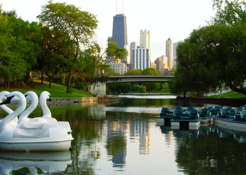 Chicago, IL: Lincoln Park Lagoon with skyline in background