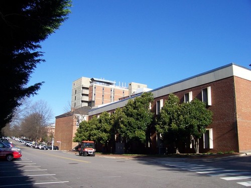 Raleigh, NC: A look at the rear ends of some of the buildings on the campus of North Carolina State University. To the left (unseen) is a railroad track that cuts through campus.