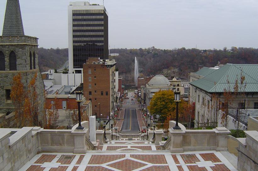 Lynchburg, VA: This photo is taken by the court house in downtown lynchburg. This picture is looking down to the James river where you can see the fountain that for some reason is always squirting out water at a high velocity.