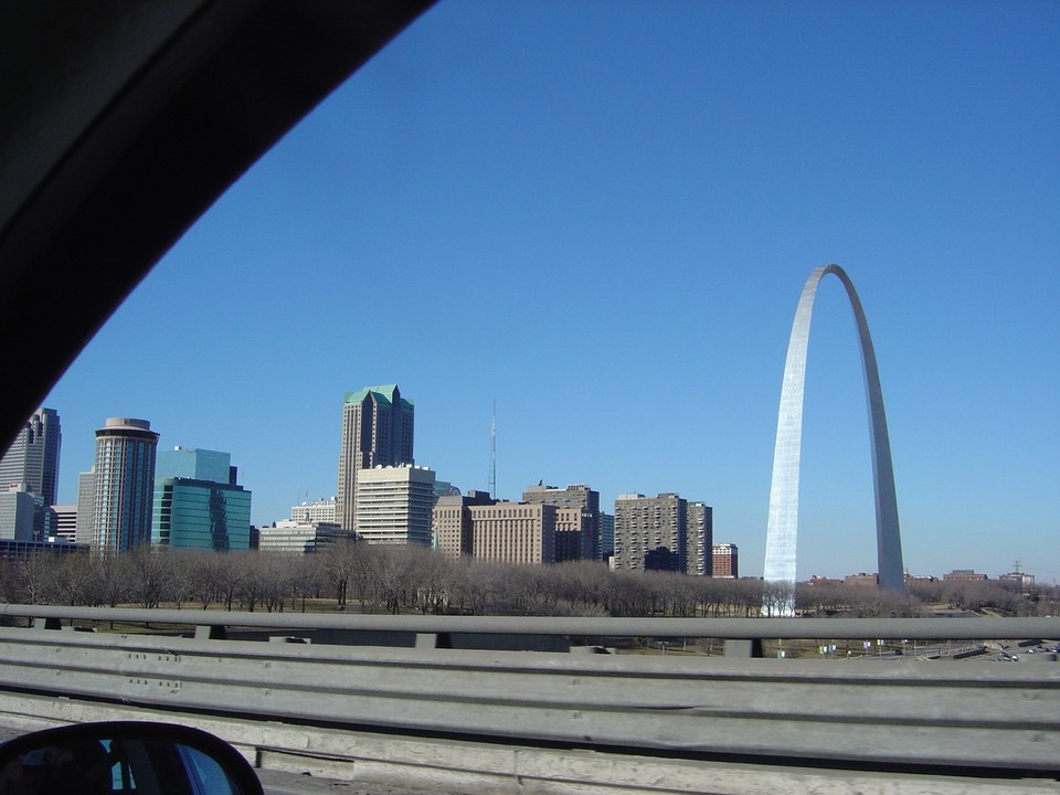 St. Louis, MO: Crossing the Mississippi heading west St. Louis Arch on right out the car window