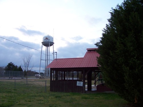 Buckhead, GA: The B-B-Q Shelter in Buckhead, Morgan County, Georgia, with the water tower in the background.