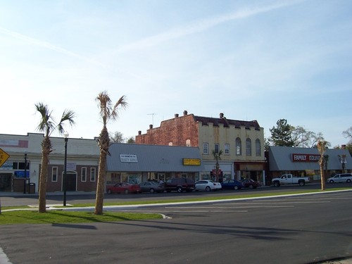 North, SC: Storefronts along Main Street in North, South Carolina. In the foreground is the newly landscaped and repaved parking area between Main Street and Main Street East, also known as Savannah Highway.