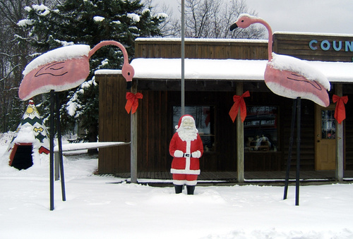 Houghton Lake, MI: Santa + Pink Flamingos? At the Rockin' Chair Gift Shop on M-55.