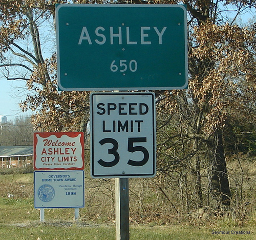 Ashley, IL: City Welcome Sign and Population Sign