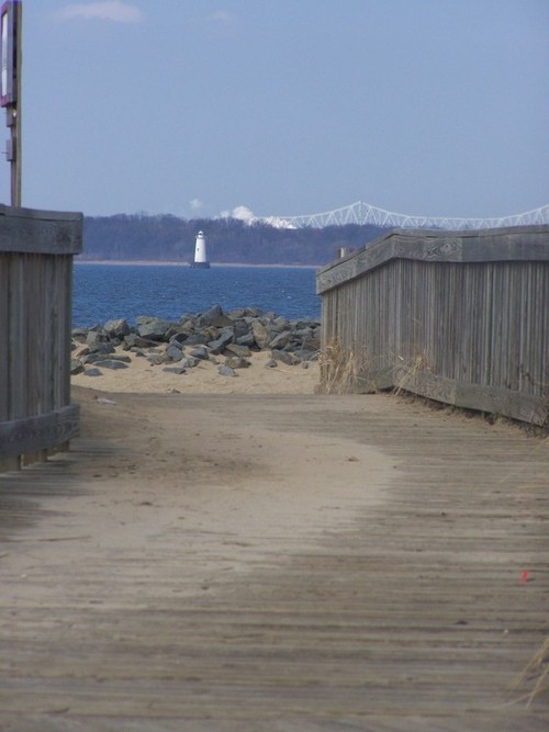 Laurence Harbor, NJ: Great Beds Lighthouse, (National Register of Historic Places), as seen from boardwalk