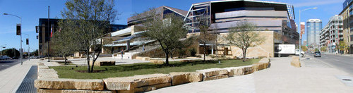 Austin, TX: The new Austin City Hall, a new landmark in Austin. Panorama from SouthEast