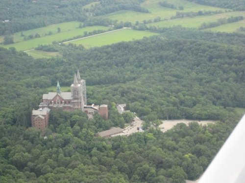 Hartford, WI: Holy Hill Church tower under construction from airplane