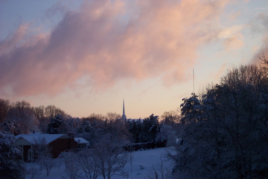 Kernersville, NC: Second snow in Feb., 2009-View of Church Steeple along Piney Grove Rd, early dawn from Hidden Hills development