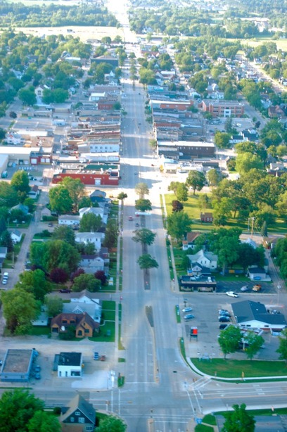 Tomah, WI: Beautiful downtown Tomah Wisconsin as seen by air on a beautiful summer night.
