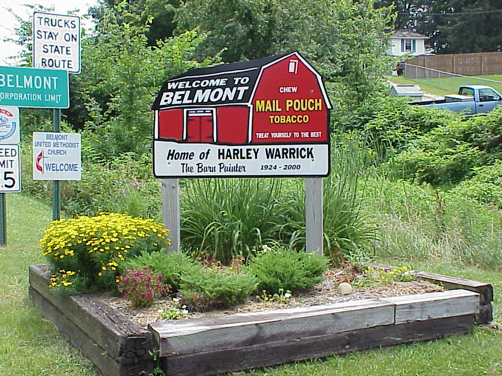 Belmont, OH: Welcome sign, honoring Belmont's barn painter, Harley Warrick