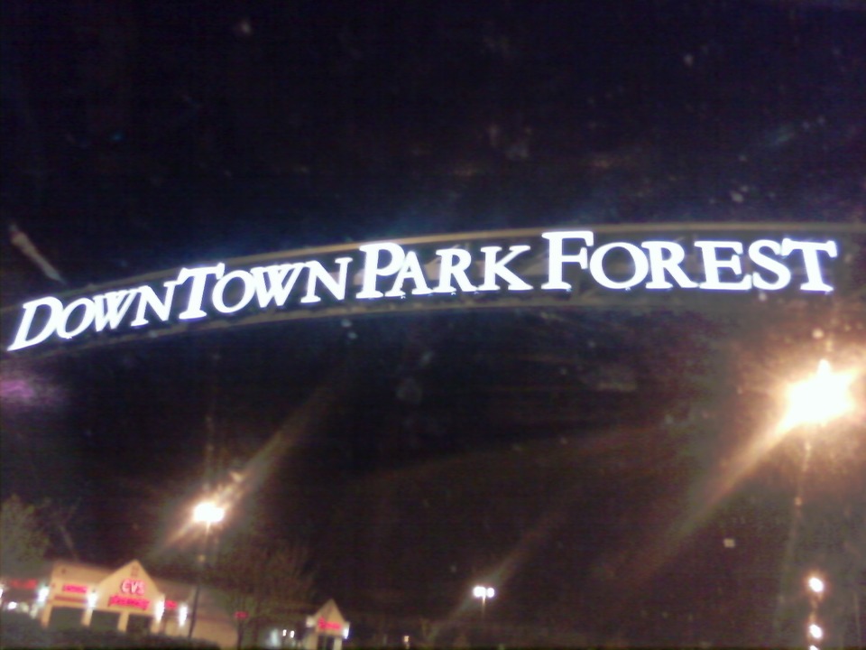 Park Forest, IL: Downtown Park Forest Banner at Night