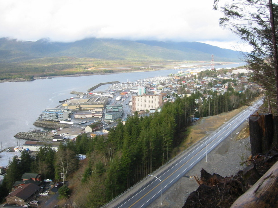 Ketchikan, AK: View from Rainbird Trail over the west end of Ketchikan, towards Gravina Island (target of the infamous bridge to nowhere)