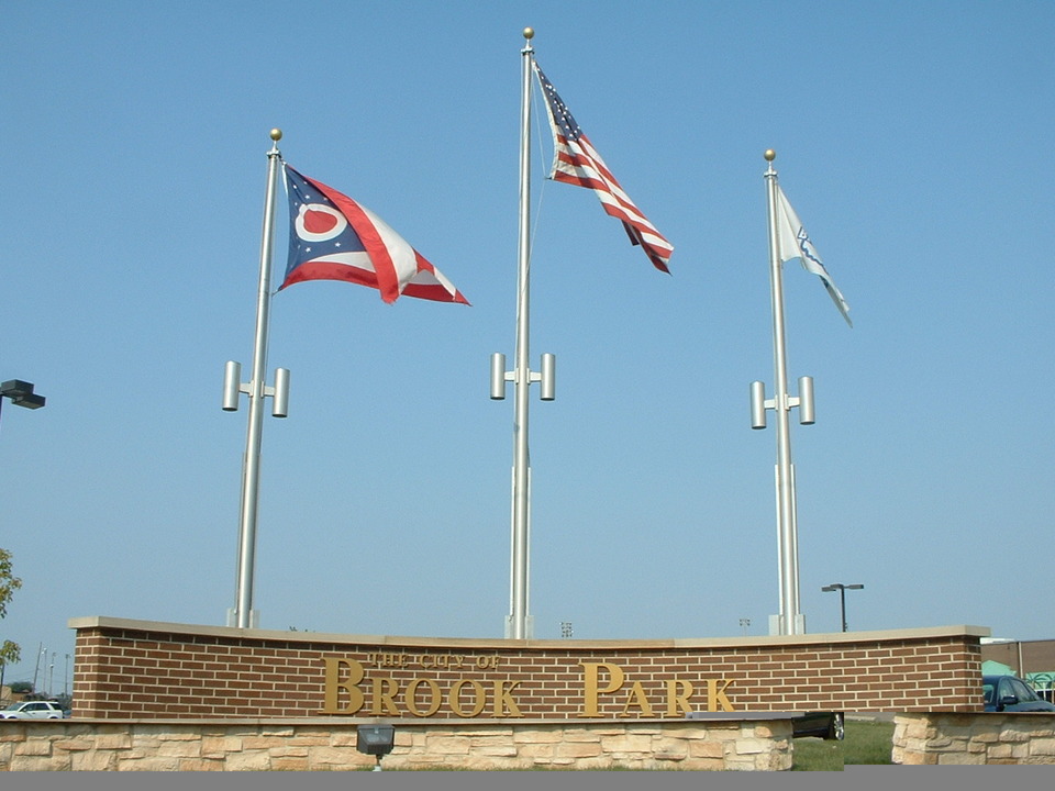 Brook Park, OH: State, federal, and city flags, Engle Road and Holland Road, Brook Park, Ohio.