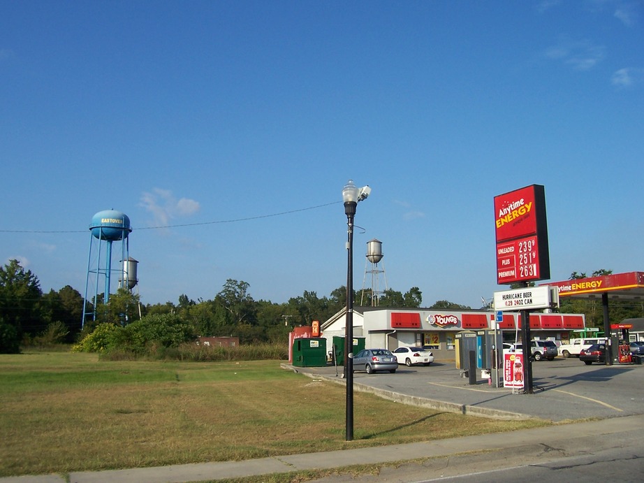 Eastover, SC: Water towers and Young's convenience store slash Anytime Energy gas station, 721 Main Street, September 11, 2009.