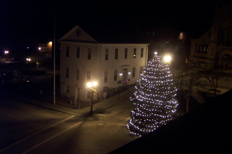 Plymouth, MA: The Town Square Christmas Tree and the 1749 Courthouse taken from the roof of M&Ms