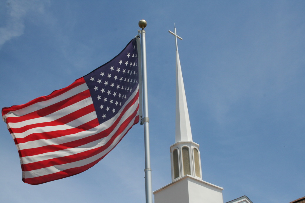 Brockton, MA: American Flag over Immanuel Baptist Church, Brockton, MA Steeple