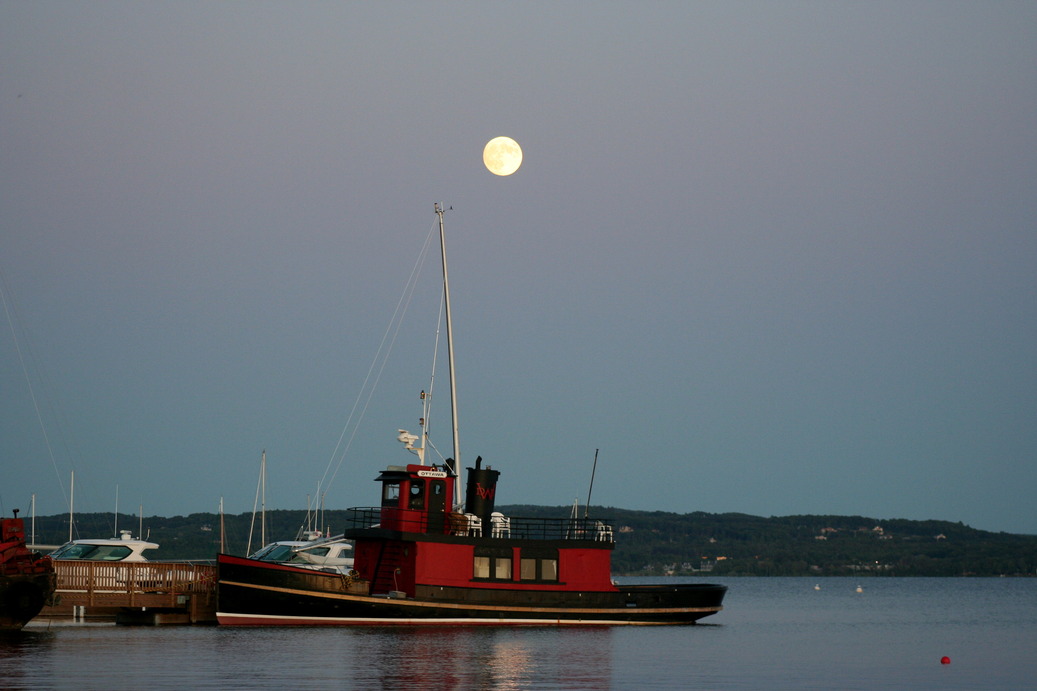 Harbor Springs, MI: Full Moon over Ottawa Tug on the Harbor