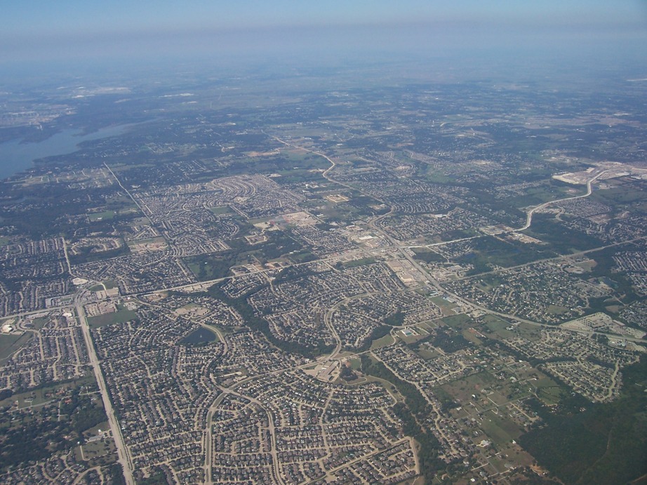Flower Mound, TX: An aerial shot of Flower Mound, looking mostly westwards. The tail of Lake Grapevine is visible on the upper left.