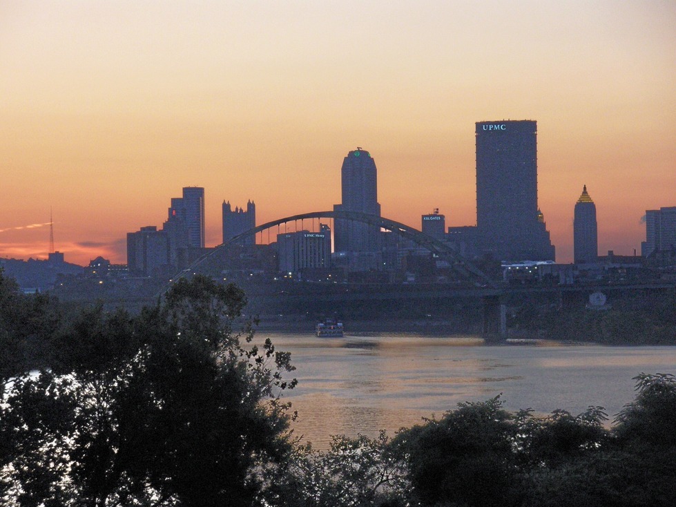 Pittsburgh, PA: Birmingham Bridge and downtown skyline at sunset