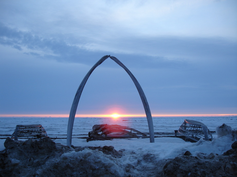 Barrow, AK: Midnight Sun Through The Famous Whalebone Arch Outside Brower's Restaurant 4/30/2009