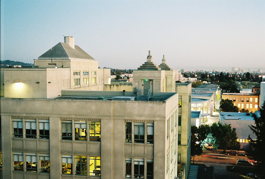 Berkeley, CA: downtown Berkeley from a roof near Center & MLK; Oakland skyline in the distance