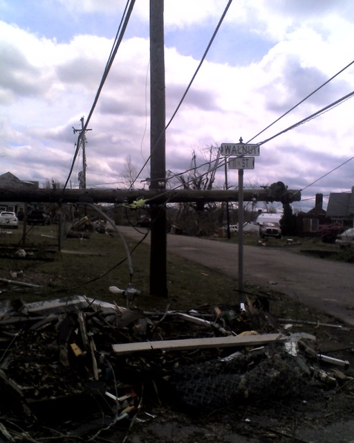 Mena, AR: April 10th, 2009. One of the main streets destroyed by the april 9th tornado.