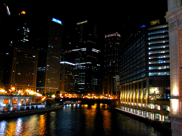 Chicago, IL: off the bridge on Michigan Ave. // night time