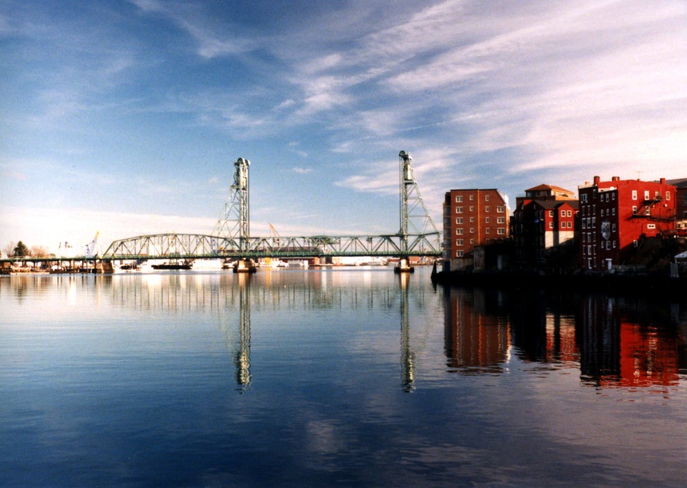 Portsmouth, NH: Memorial Bridge Slack tide reflection over Piscataqua River Portsmouth NH