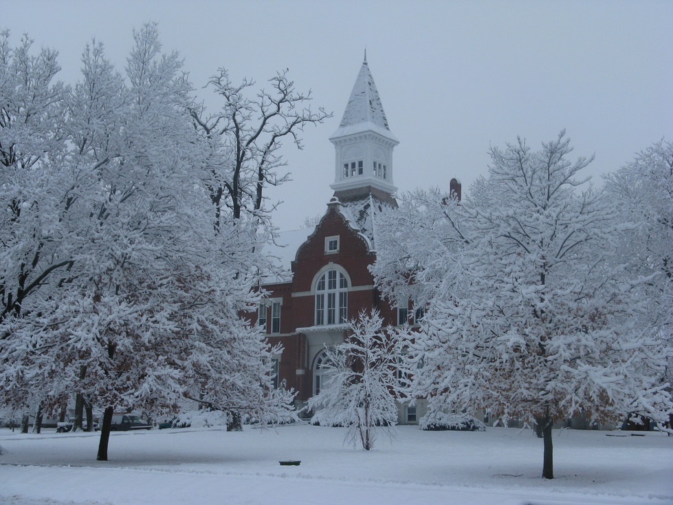 Mound City, KS: Winter Scene at Linn County Courthouse in Mound City
