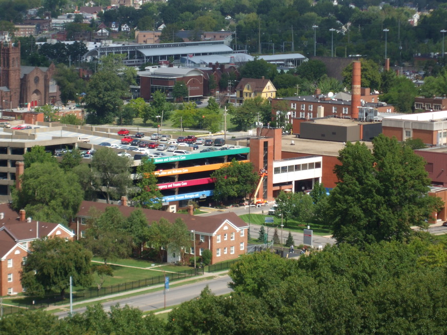 East Cleveland, OH: Scene overlooking Forest Hill Park and Huron Road Hospital - The park was once the site of John D. Rockefeller's 41 room mansion for 38 years