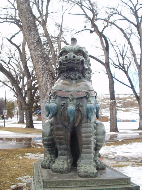 Sheridan, WY: Oriental Lion Statue in park in Sheridan