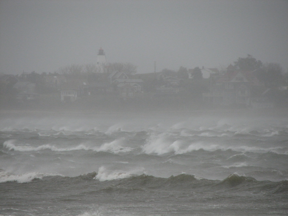 Plymouth, MA: Gurnet Point / Plymouth Lighthouse during a 2007 storm. Taken from Saquish Beach.