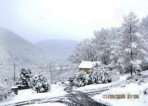 Renovo, PA: House on Delaware Avenue, 1st snow fall of 2008, looking up river towards Renovo.