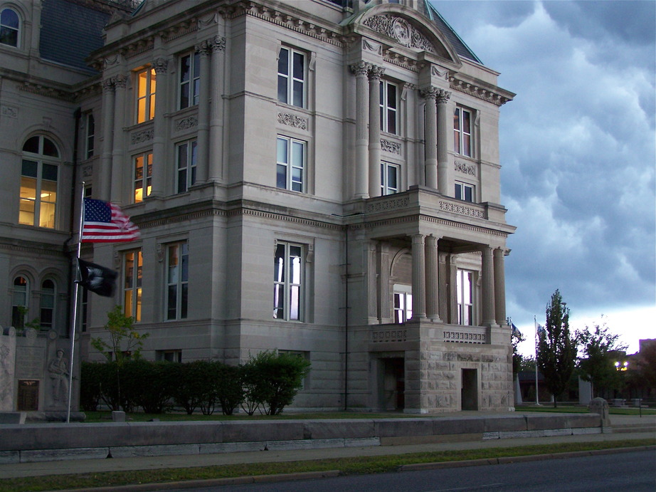Terre Haute, IN: A haunting photo of our newly renovated courthouse in downtown Terre Haute...just prior to a thunderstorm at dawn.
