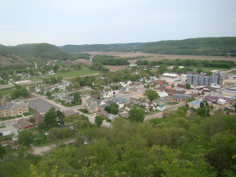Rushford, MN: Close up of downtown Rushford from the top of the bluff