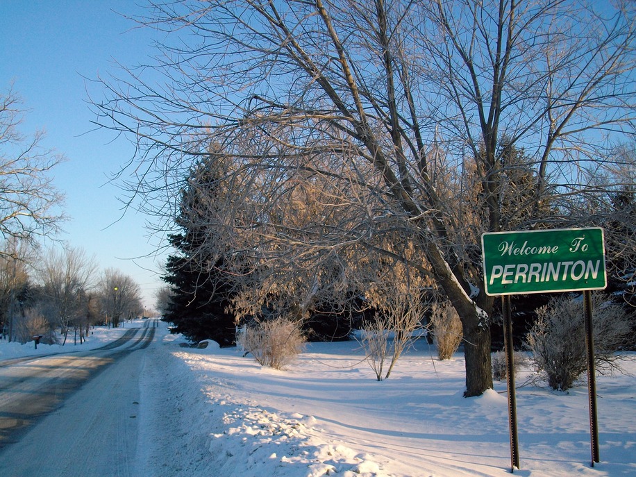 Perrinton, MI: Entering Perrinton from the south, wintertime