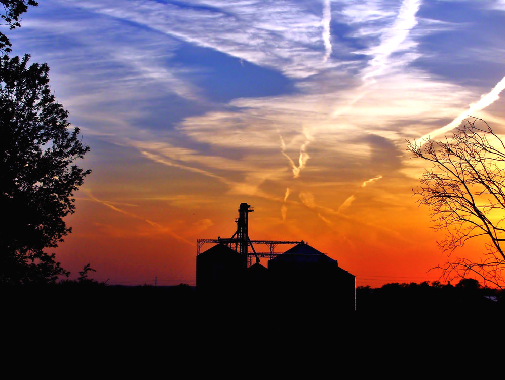 Darien, WI: Grain bins at sunset off Hwy X