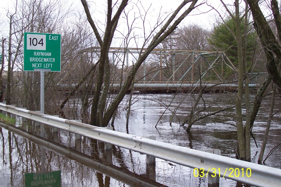 Taunton, MA: 2010 Flood, view of Taunton River cresting under railroad on Route 44 on the Taunton, MA /Raynham MA town line....