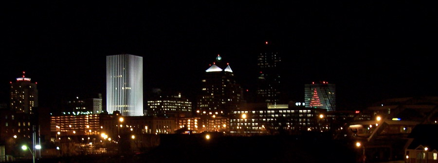 Rochester, NY: Skyline at Night with Troup Howell Bridge