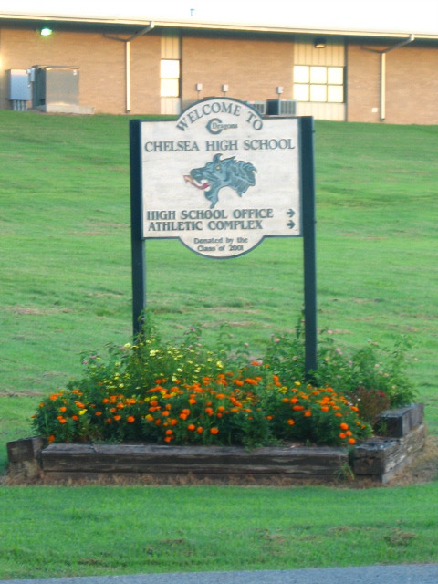 Chelsea, OK: Entrance to the school 6 am July 18, 2010 looking east