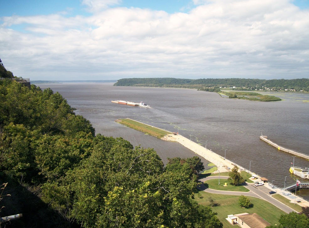 Dubuque, IA: barge going up the mississippi river after going through the locks at dubuque, ia