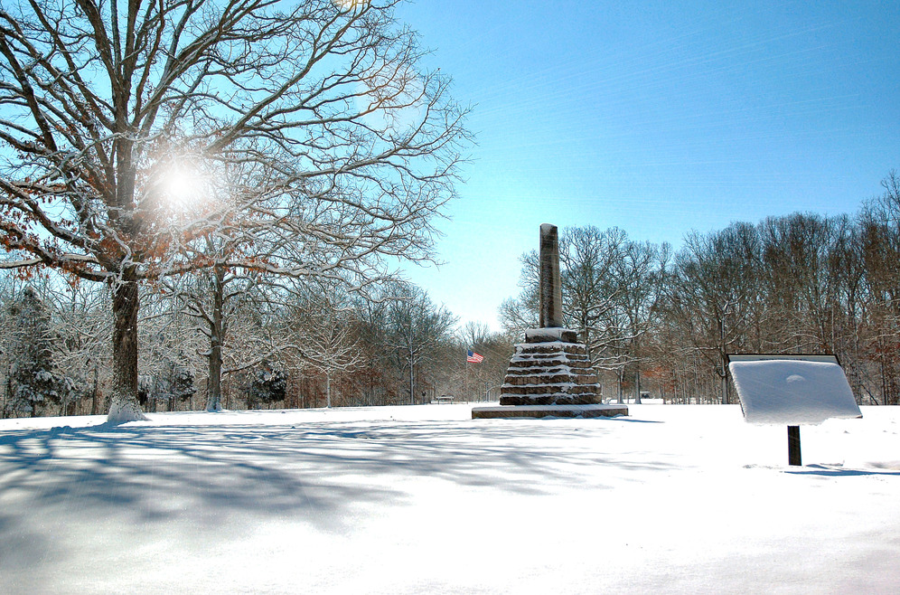 Hohenwald, TN Meriwether Lewis gravesite in snow Natchez Trace