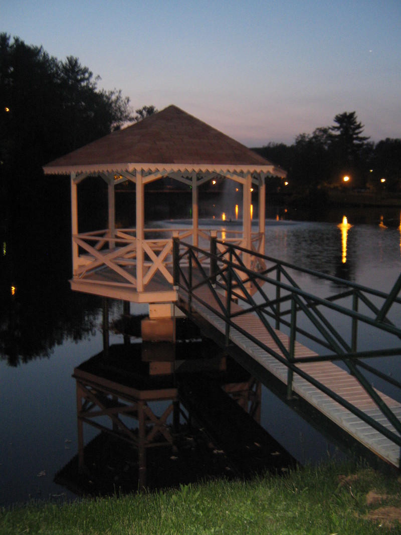 New Concord, OH: The Gazebo sitting on Muskingum University pond at dusk.