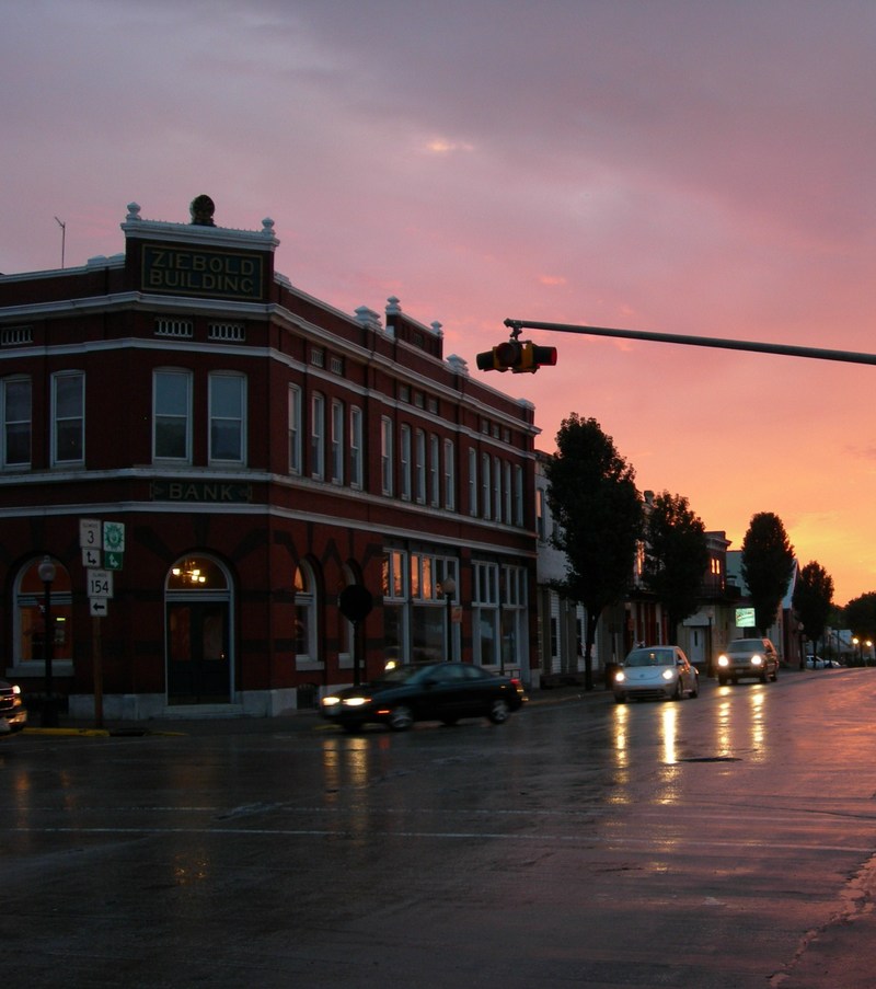 Red Bud, IL: The square at sunset after a brief shower - September 2008