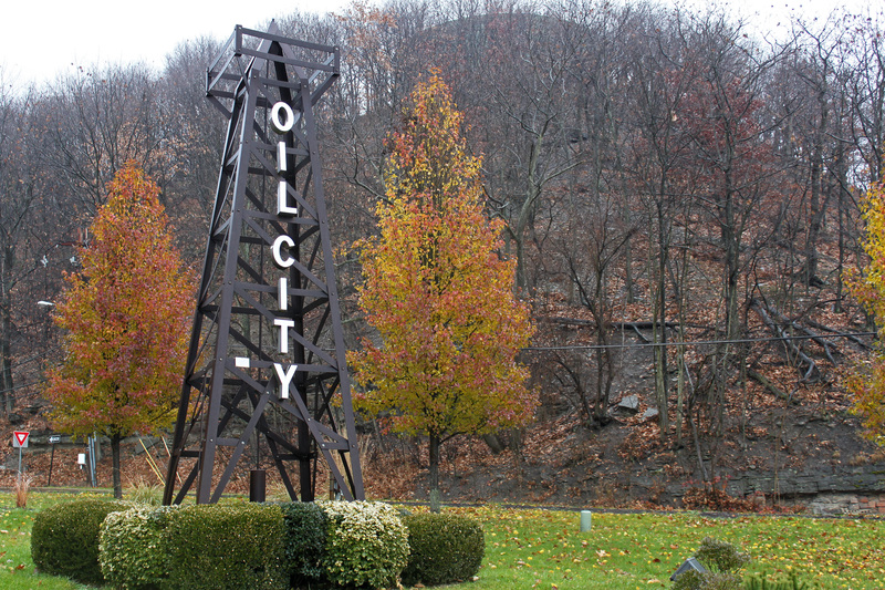 Oil City, PA this metal oil derrick representation greets travelers as they arrive in oil city