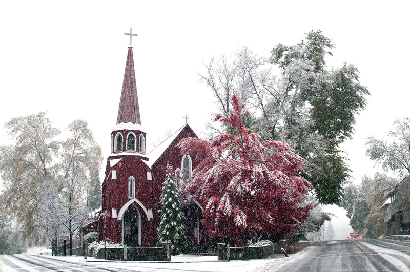Sonora, CA: Red Church during first snow