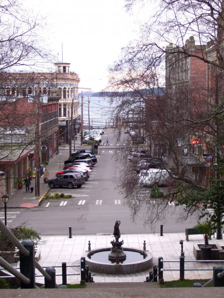 Port Townsend, WA: View of downtown Port Townsend, and the backside of the Haller Fountain, from the middle of the Terrace Steps.