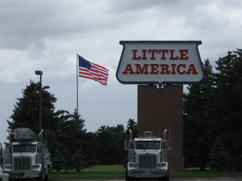 Little America, WY: Little America sign and trucks
