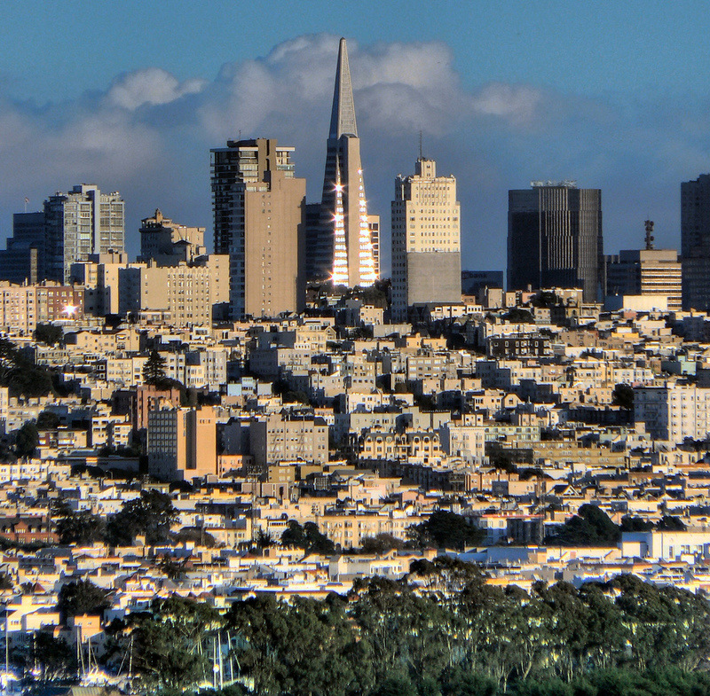 San Francisco, CA: Nob hill/Financial district as seen at sunset from the Golden Gate Bridge