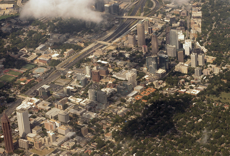 Atlanta, GA: Aerial view of a section of downtown Atlanta, with some of the Georgia tech campus on the left